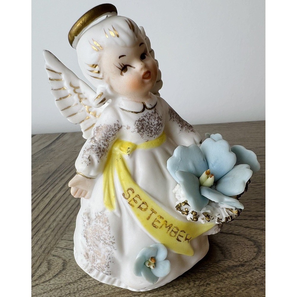 Vintag 50s Lefton Porcelain September ANGEL with Blue FLOWER 4 "h Figurine 3332